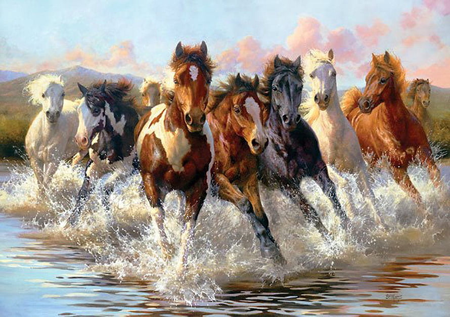 Dynamic Painting of Wild Horses Galloping Through Water at Sunset HD wallpaper
