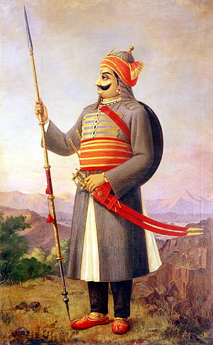 Portrait of Maharaja Ranjit Singh in Traditional Sikh Royal Attire Holding a Spear HD phone wallpaper
