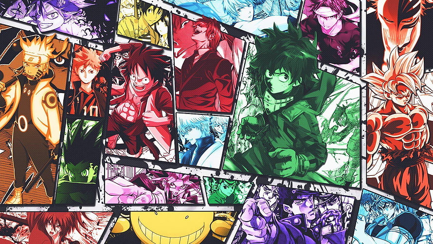 Shonen Jump Anime Character Collage Featuring Naruto, Luffy, Goku, and Deku in Vibrant Comic Panels HD wallpaper