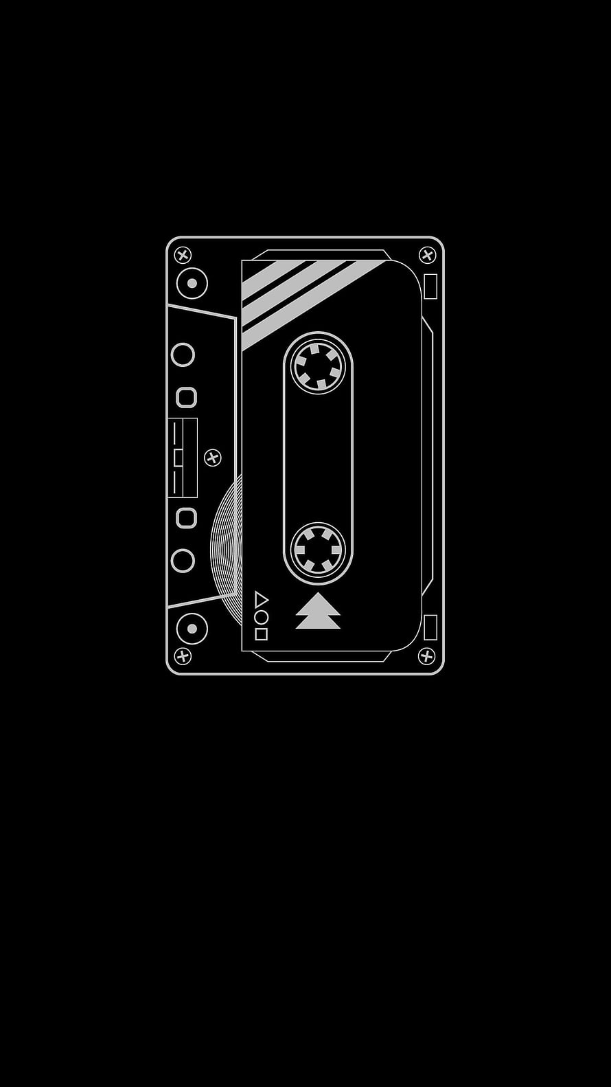 Minimalist White Line Art Cassette Tape Illustration on Black Background HD phone wallpaper