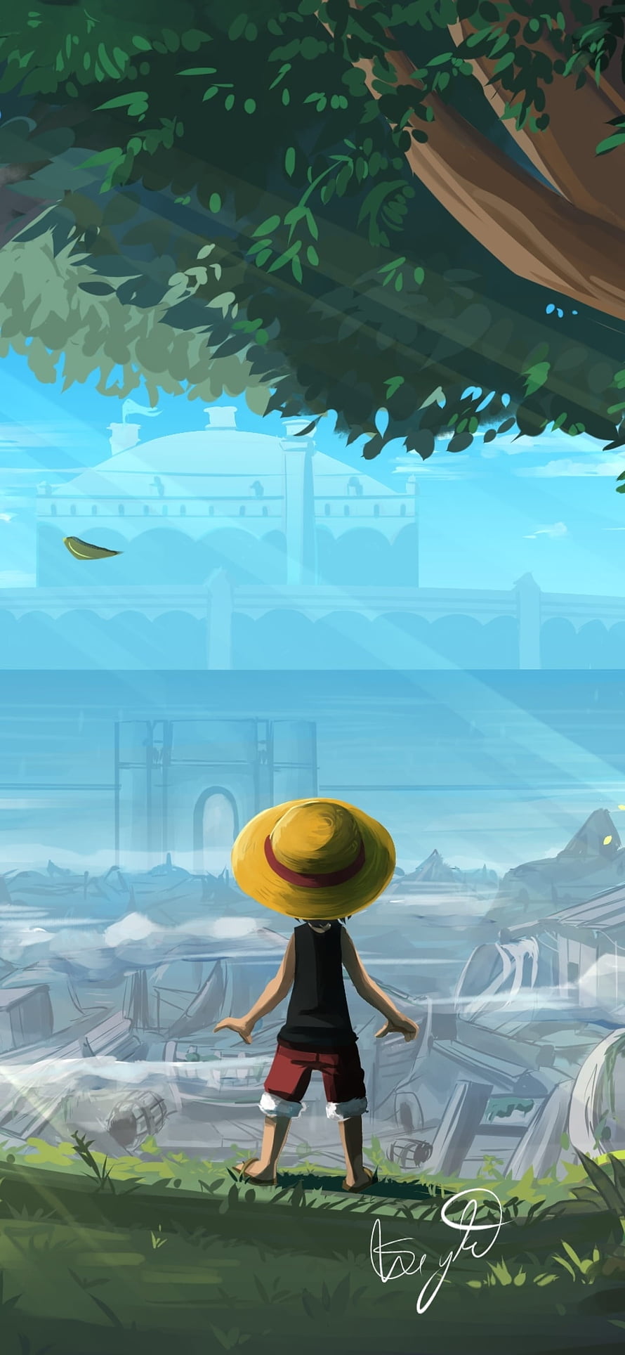 Monkey D. Luffy Looking at Marineford Ruins Under a Tree HD phone wallpaper