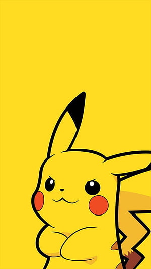 Pikachu with crossed arms on a solid yellow background in a cute cartoon style HD phone wallpaper