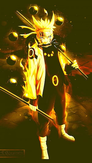 Naruto Uzumaki in Sage Mode Wielding Dual Swords with Golden Aura and Fire Effects HD phone wallpaper