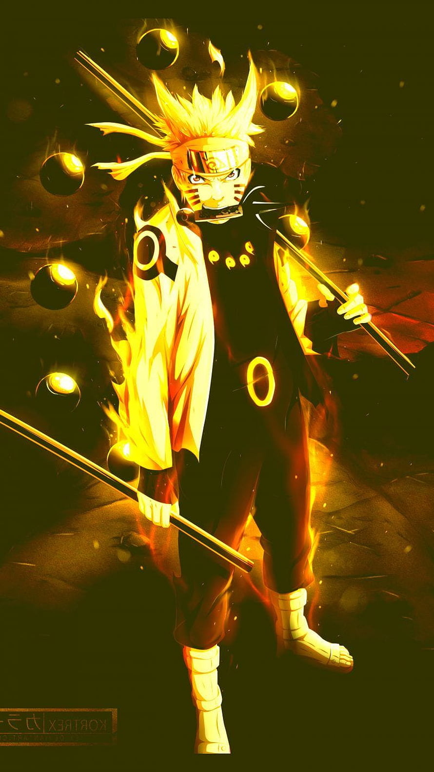 Naruto Uzumaki in Sage Mode Wielding Dual Swords with Golden Aura and Fire Effects HD phone wallpaper