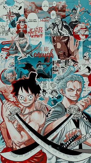 One Piece Luffy and Zoro Manga Collage with Swords and Speech Bubbles HD phone wallpaper