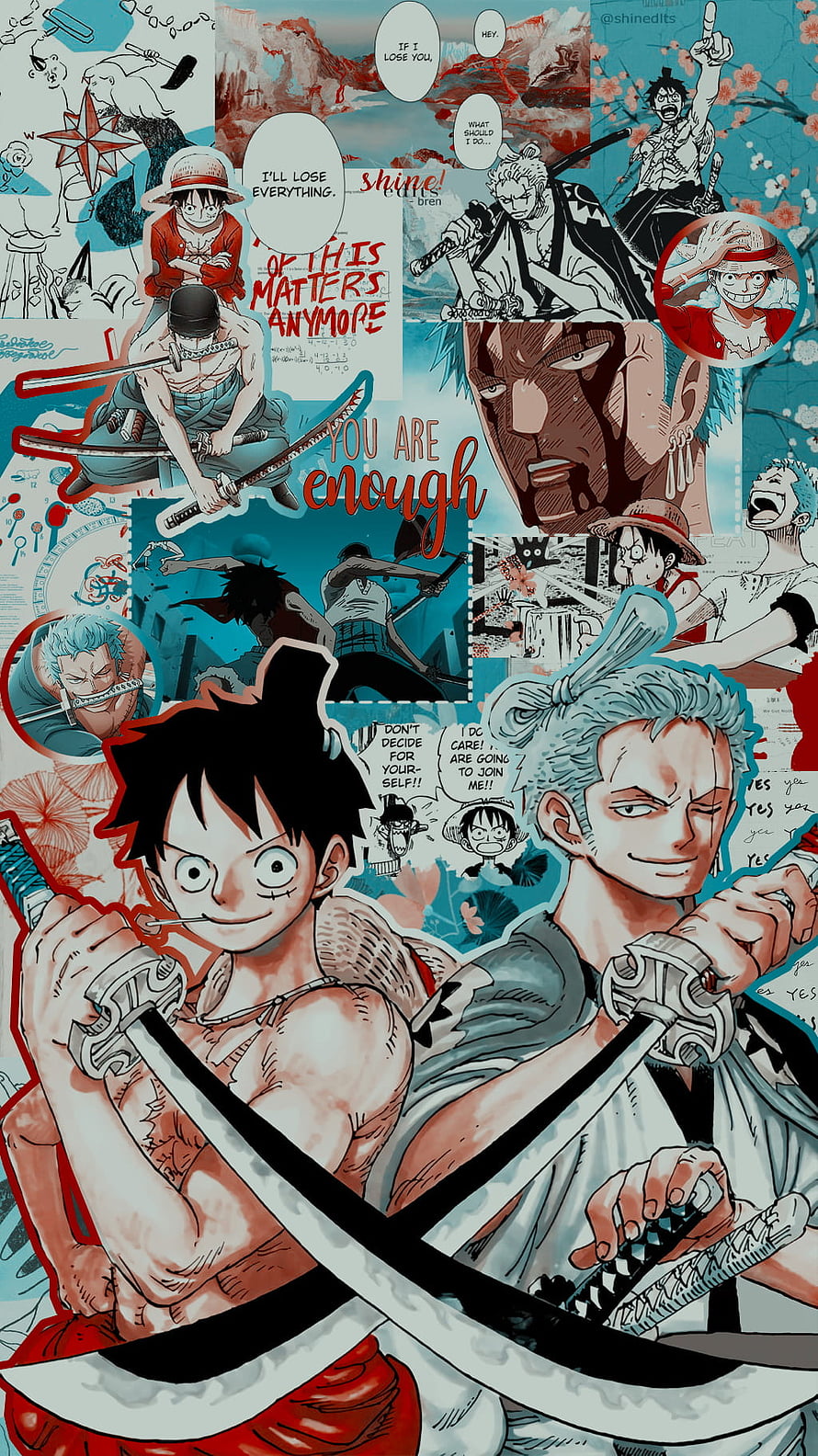 One Piece Luffy and Zoro Manga Collage with Swords and Speech Bubbles HD phone wallpaper