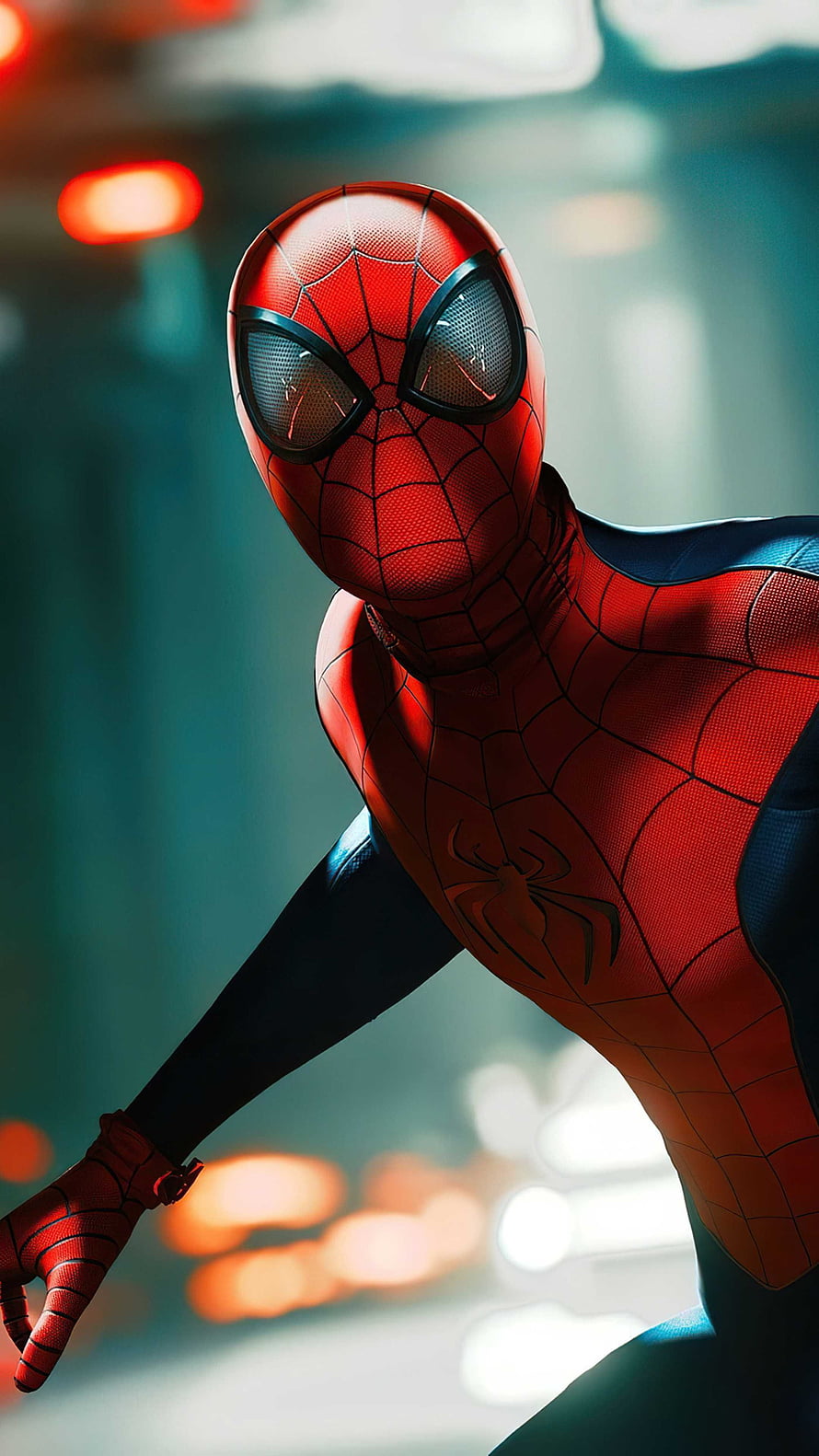 Spider-Man in Classic Red and Blue Suit Crouching in Urban Night Setting, Android Spider Man HD phone wallpaper