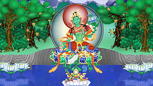 Green Tara Buddhist Deity Seated on Lotus Throne in Lush Forest Setting HD wallpaper
