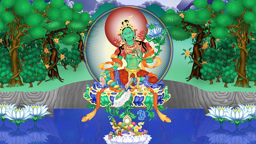 Green Tara Buddhist Deity Seated on Lotus Throne in Lush Forest Setting HD wallpaper