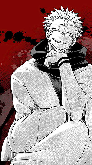 Ryomen Sukuna Anime Character Portrait in Black and White with Red Background HD phone wallpaper