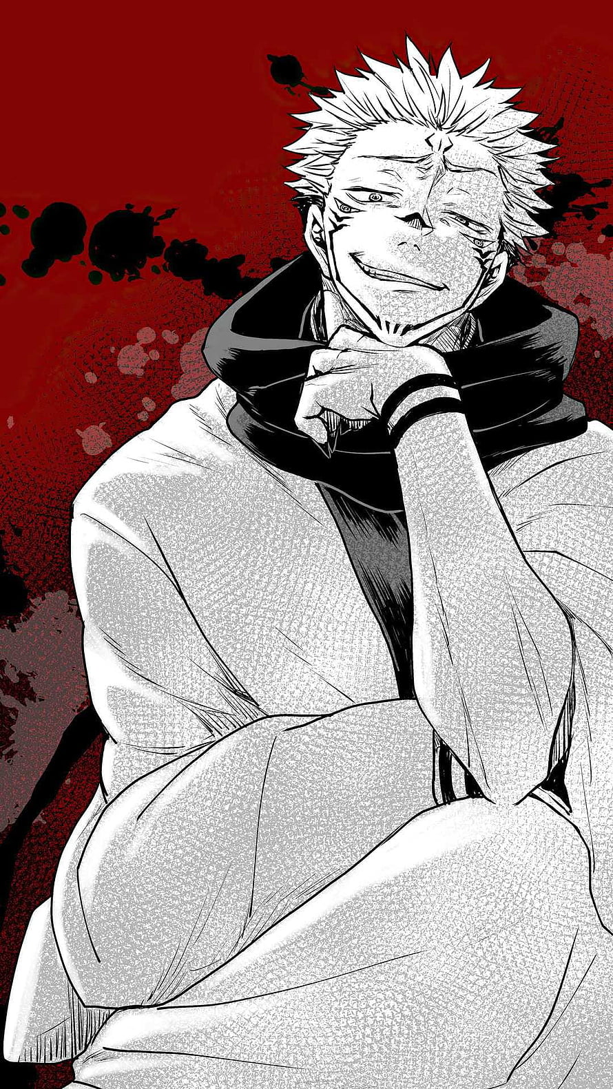 Ryomen Sukuna Anime Character Portrait in Black and White with Red Background HD phone wallpaper