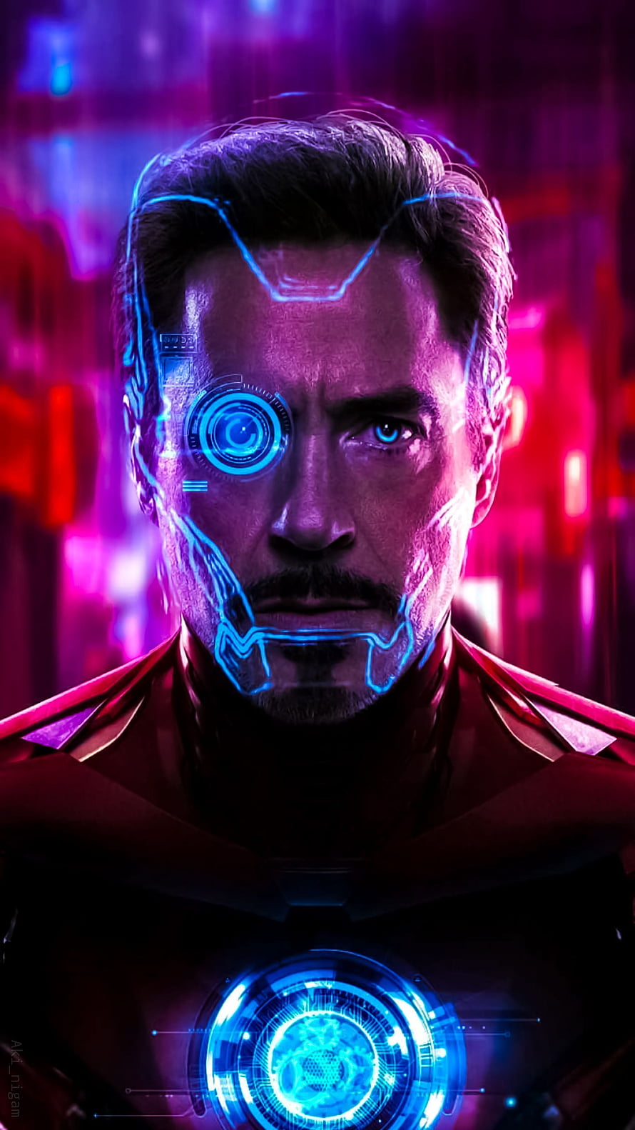 Tony Stark Iron Man Cyberpunk Portrait with Glowing Arc Reactor and Neon Blue Circuitry, Tony Stark Iron Man , avengers endgame tony stark HD phone wallpaper