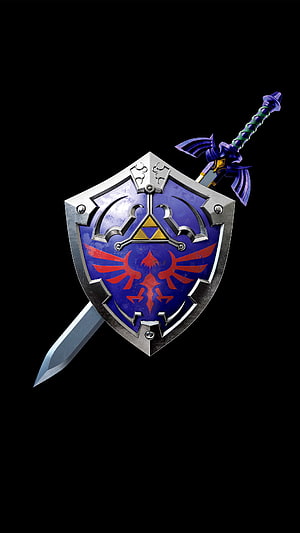 The Legend of Zelda Master Sword and Hylian Shield on Black Background HD phone wallpaper