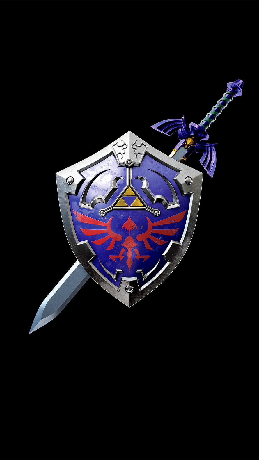 The Legend of Zelda Master Sword and Hylian Shield on Black Background HD phone wallpaper