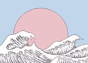 Minimalist Pink Sun and White Waves Illustration in Japanese Woodblock Style HD wallpaper