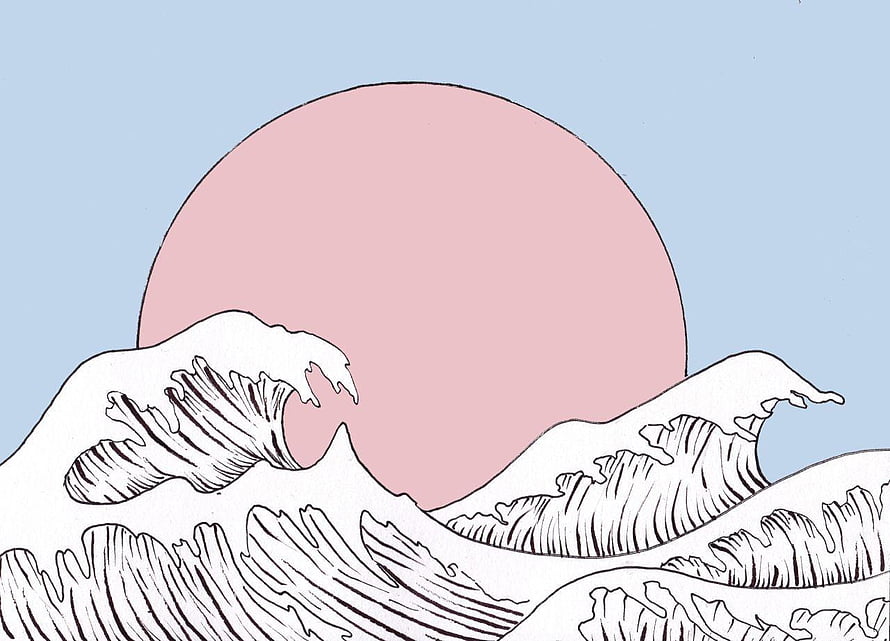 Minimalist Pink Sun and White Waves Illustration in Japanese Woodblock Style HD wallpaper
