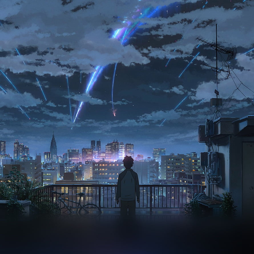 Anime Boy Watching Meteor Shower Over City Skyline at Night HD phone wallpaper
