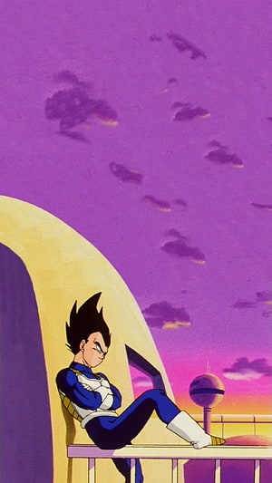 Vegeta from Dragon Ball Z Sitting on a Balcony Against a Purple Sky HD phone wallpaper