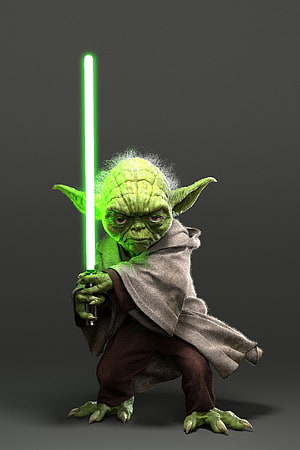 Yoda Holding Green Lightsaber in Jedi Robes on Dark Background HD phone wallpaper