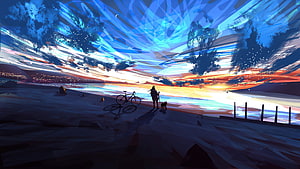 Digital Art of a Person and Dog on a Beach at Sunset with a Bicycle HD wallpaper