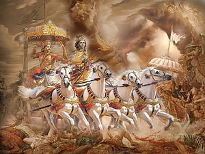 Krishna and Arjuna on the Divine Chariot in the Mahabharata Battle HD wallpaper