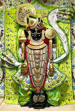Lord Jagannath adorned in vibrant green silk garments and intricate gold jewelry HD phone wallpaper