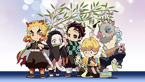 Demon Slayer Chibi Characters Decorating Tanabata Tree with Wishes HD wallpaper