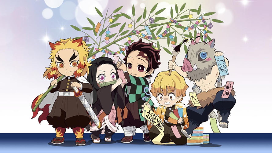 Demon Slayer Chibi Characters Decorating Tanabata Tree with Wishes HD wallpaper