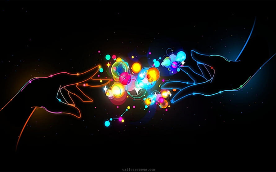 Neon Outlined Hands Reaching for Glowing Colorful Orbs in Space HD wallpaper