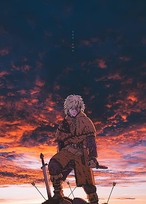 Vinland Saga anime warrior standing on a battlefield at sunset with sword and arrows HD phone wallpaper