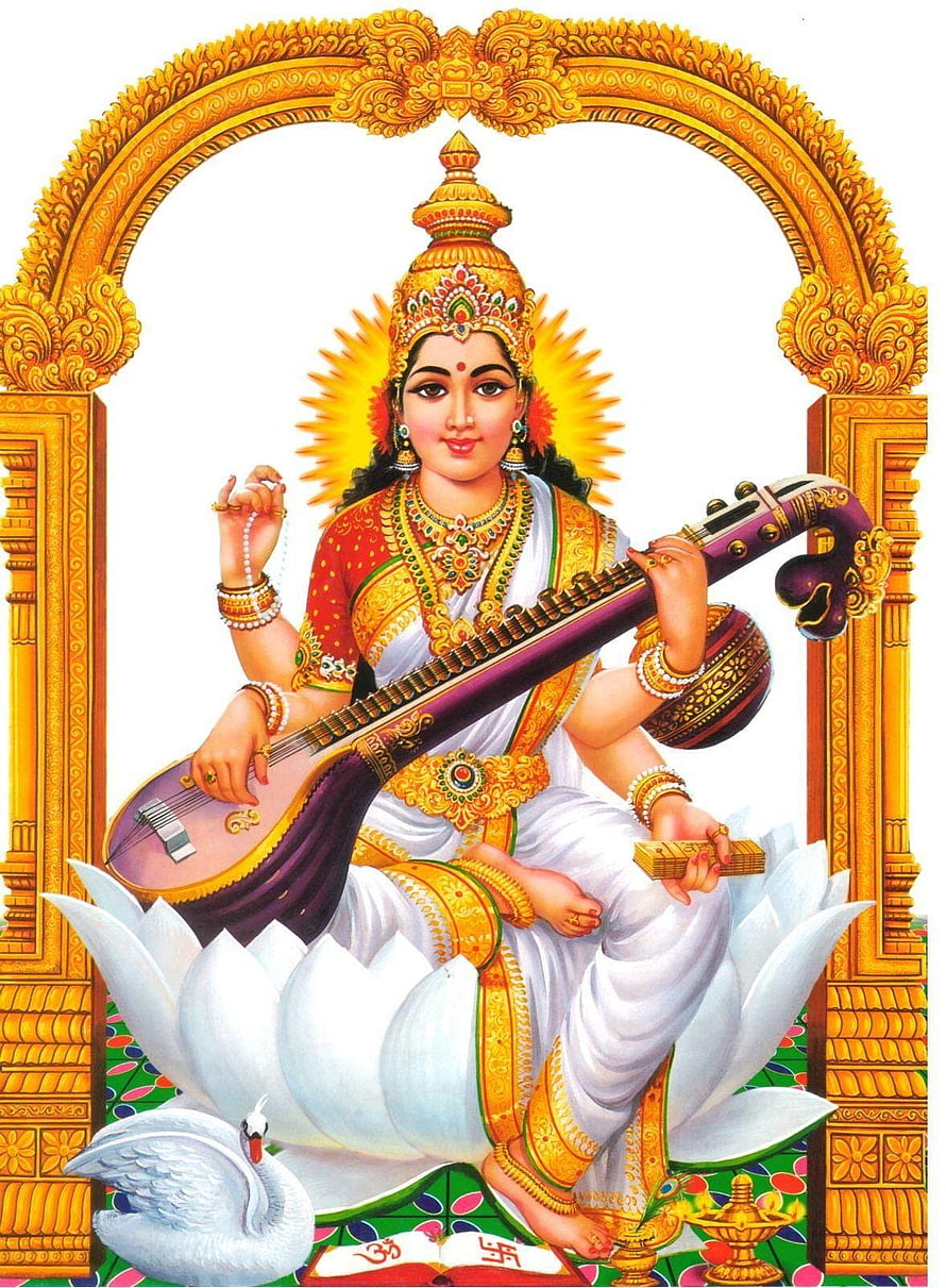 Saraswati Playing Veena on Lotus with Swan and Golden Arch HD phone wallpaper