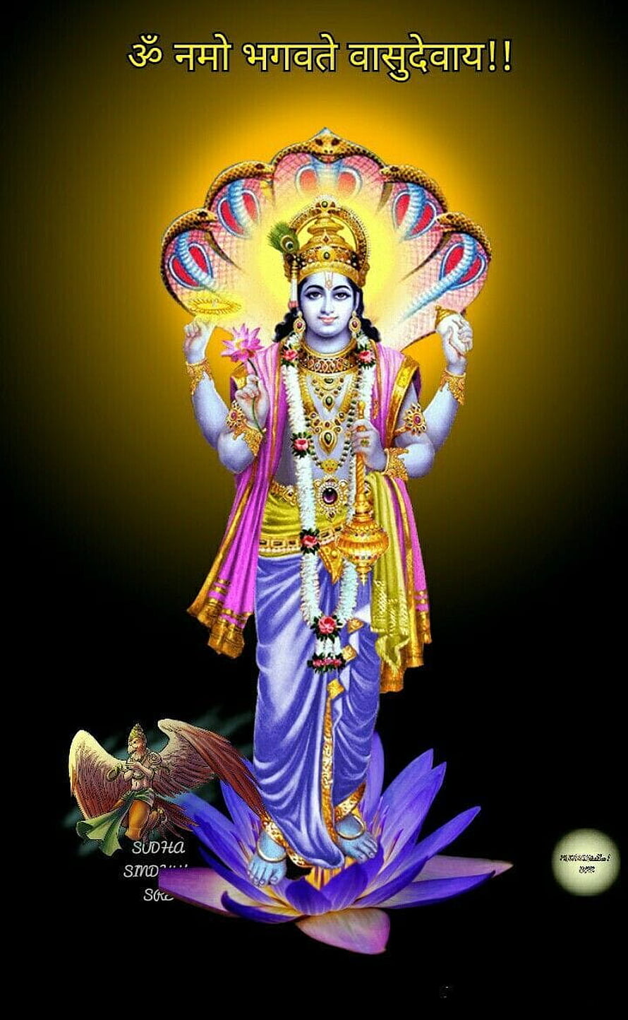 Maha Vishnu Divine Deity Standing on Lotus with Serpent Canopy and Golden Halo HD phone wallpaper