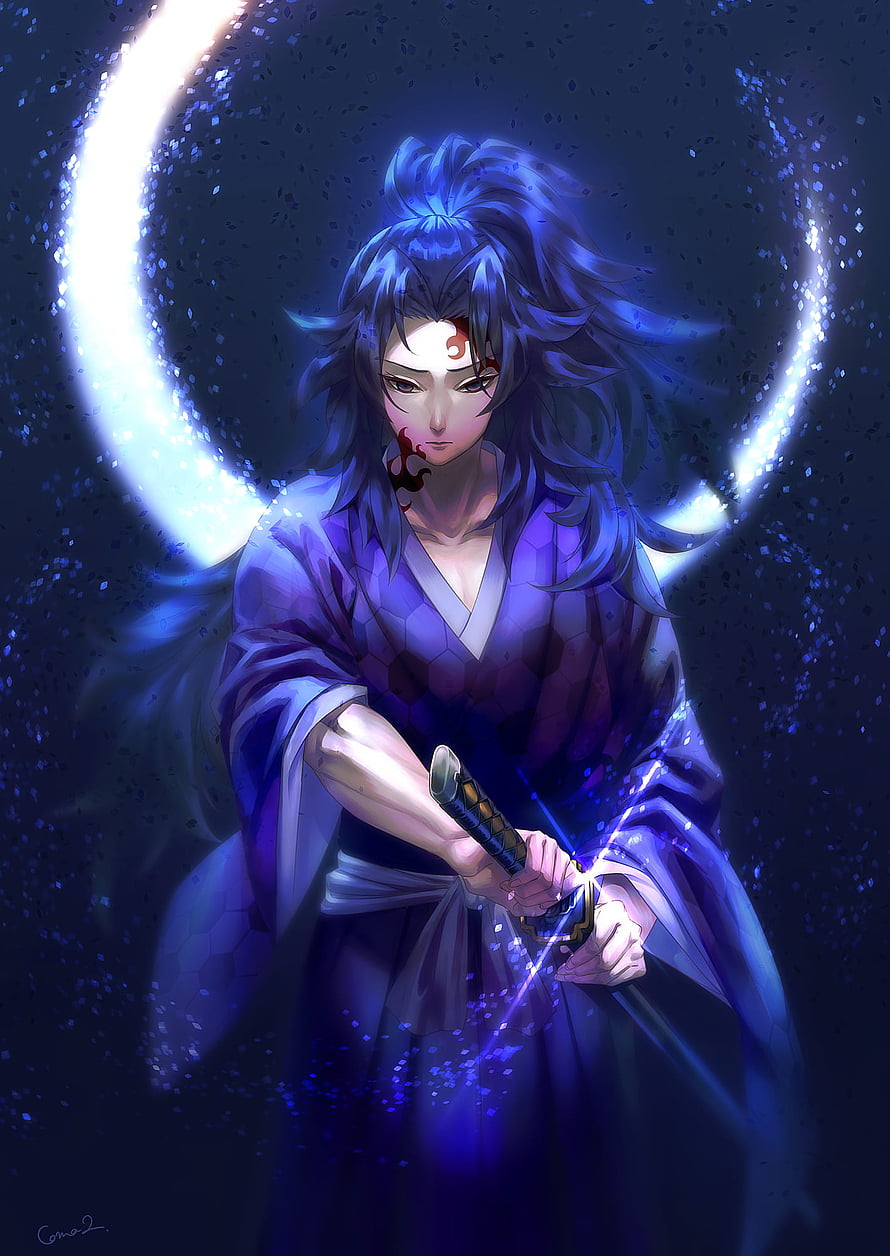 Tsugikuni Michikatsu Anime Character Holding Katana Under Glowing Crescent Moon HD phone wallpaper