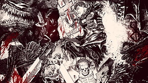Berserk Manga Artwork Featuring Guts and Dark Fantasy Monsters in Ink and Blood Style HD wallpaper
