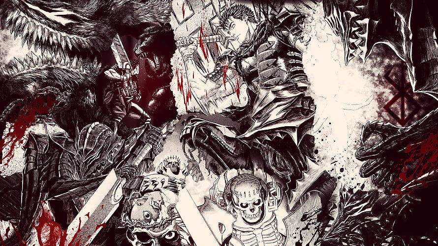 Berserk Manga Artwork Featuring Guts and Dark Fantasy Monsters in Ink and Blood Style HD wallpaper