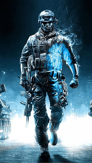 Tactical Soldier in Combat Gear Walking Through Smoke with Assault Rifle HD phone wallpaper