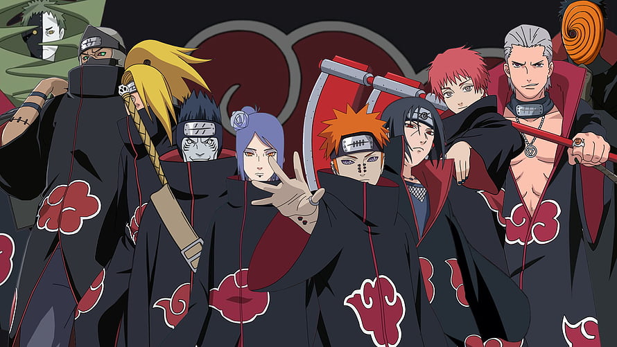 Naruto Akatsuki Members Group Portrait in Black and Red Cloud Robes HD wallpaper