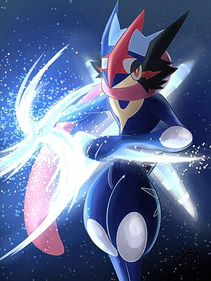 Greninja unleashing a glowing water attack in a dynamic anime-style illustration HD phone wallpaper