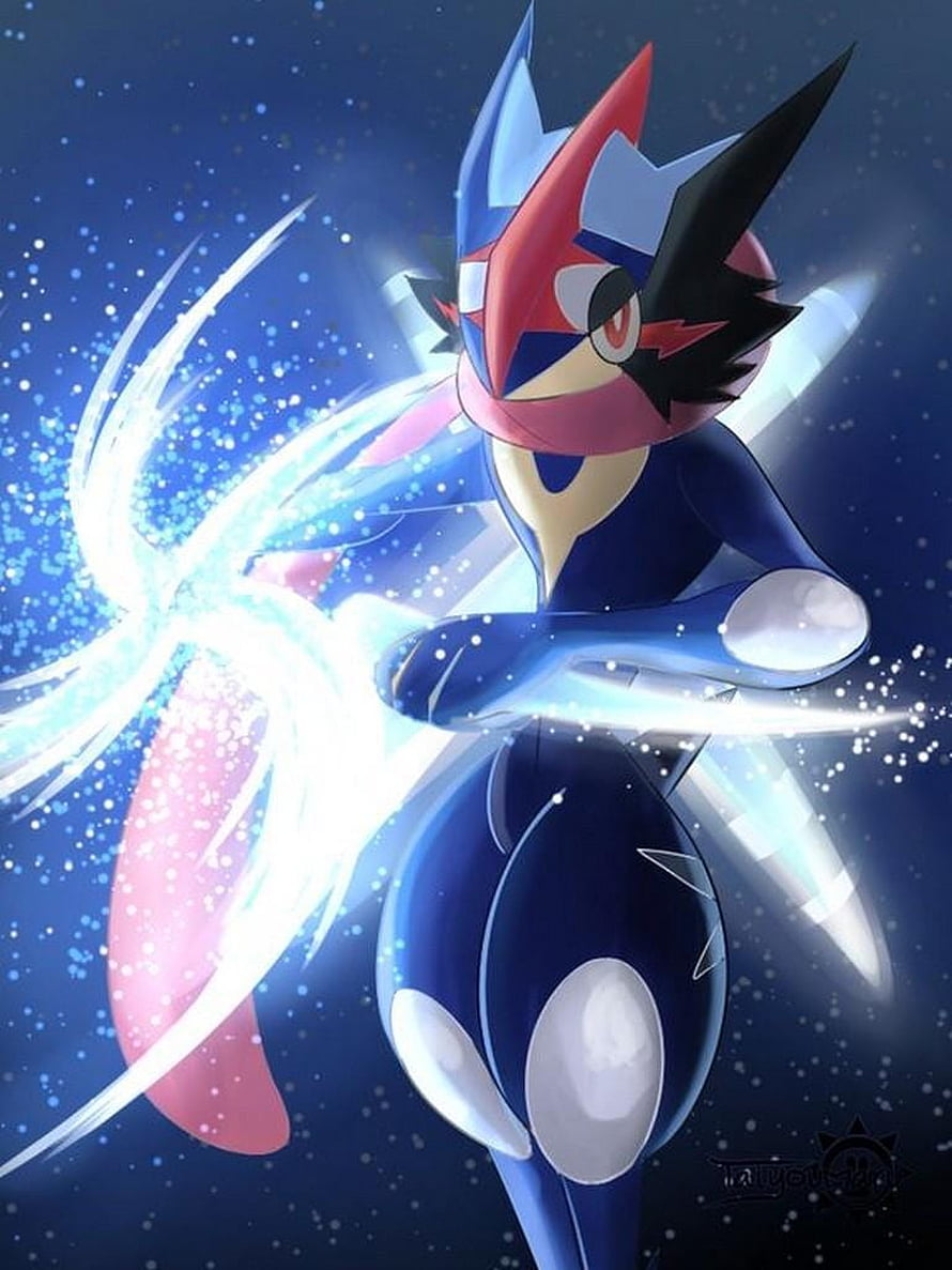 Greninja unleashing a glowing water attack in a dynamic anime-style illustration HD phone wallpaper