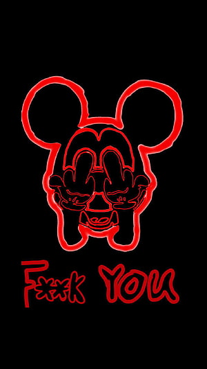 Red Neon Mickey Mouse Outline with Middle Finger Gesture and Censored Text on Black Background HD phone wallpaper