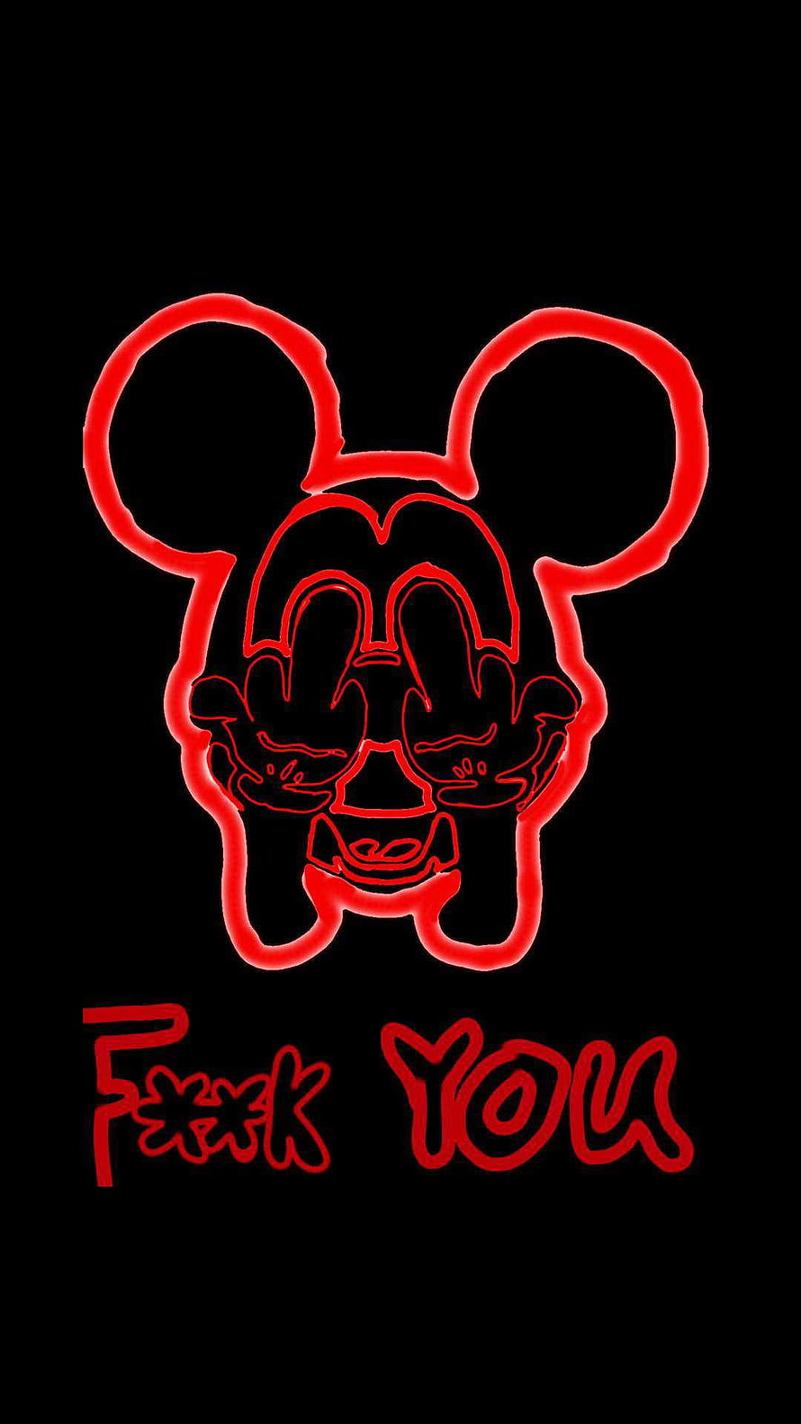 Red Neon Mickey Mouse Outline with Middle Finger Gesture and Censored Text on Black Background HD phone wallpaper