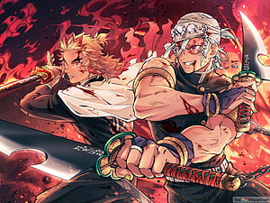 Kyojuro Rengoku and Tengen Uzui in Fiery Demon Slayer Combat Scene HD wallpaper