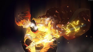 Zenitsu Agatsuma Wielding Thunder Breathing Sword in Demon Slayer Anime Artwork HD wallpaper
