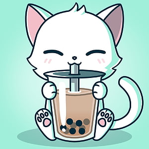 Cute White Cat Drinking Bubble Tea Illustration HD phone wallpaper