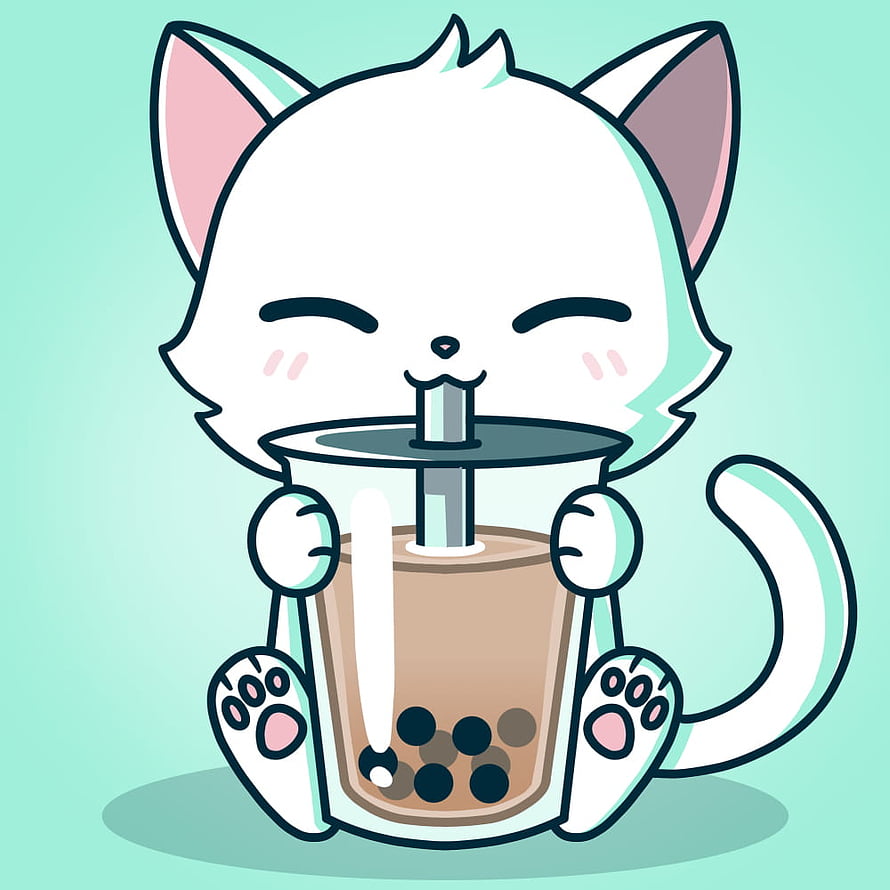Cute White Cat Drinking Bubble Tea Illustration HD phone wallpaper