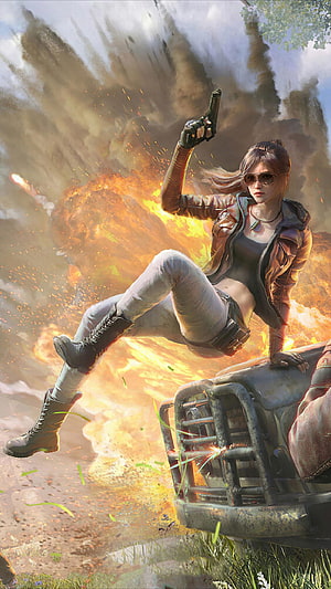 PUBG Female Character Leaping Over Vehicle Amidst Fiery Explosion HD phone wallpaper