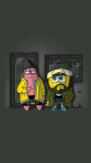 SpongeBob and Patrick in Streetwear Hoodies Against a Dark Urban Wall HD phone wallpaper