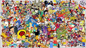 Massive 90s Cartoon Character Collage Featuring Iconic Animated Heroes and Villains HD wallpaper