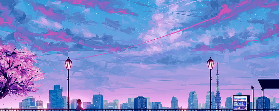 Anime Style Cityscape With Tokyo Tower And Cherry Blossoms Under Pink Sky HD wallpaper