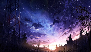 Anime Night Sky with Shooting Stars, Silhouette on Bridge, and Tower HD wallpaper